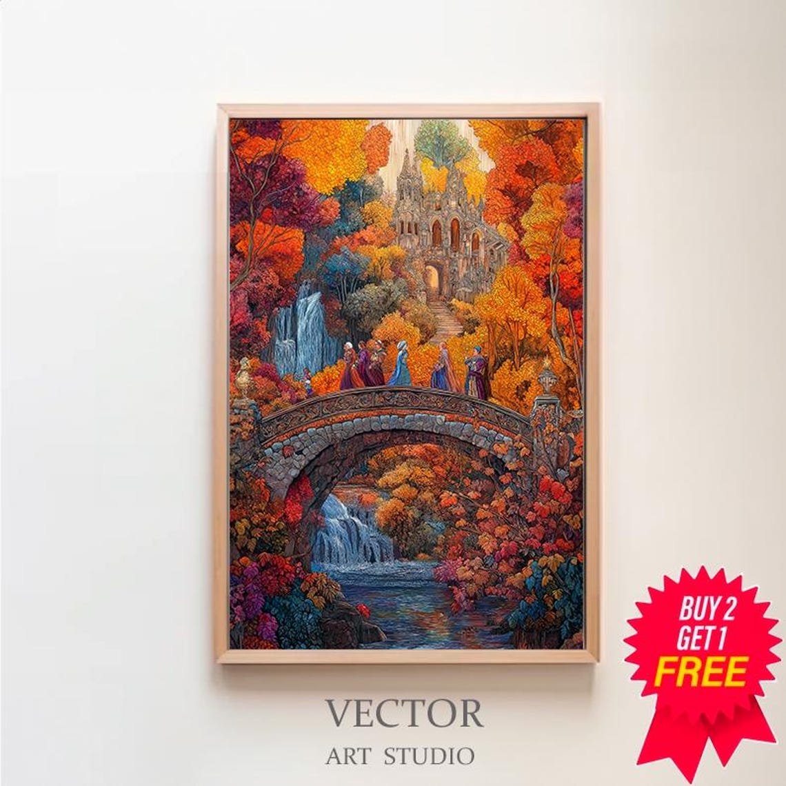 Autumn Bridge Fellowship Gothic Abbey Waterfall Fantasy Poster