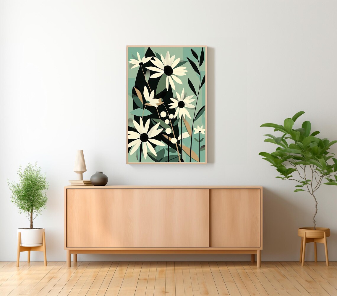 White Daisies on Sage Green with Black Leaves Modern Floral Art Print - Image 2