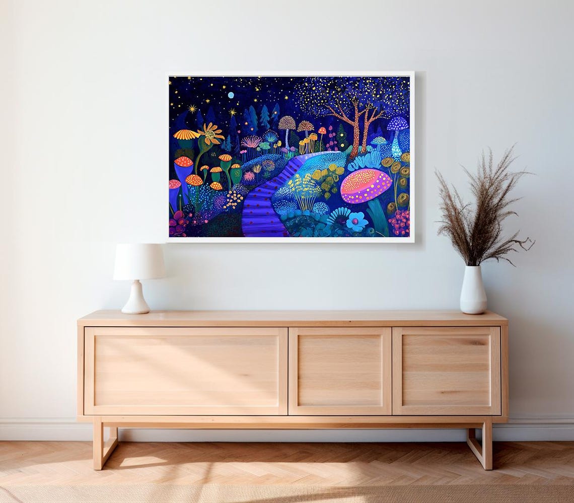 Magical Dotted Night Garden With Glowing Mushrooms Fantasy Poster - Image 2
