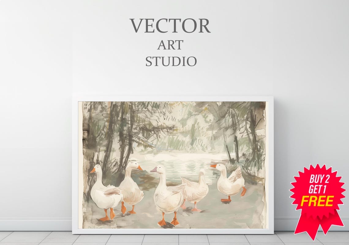 Five White Geese Walking Through Watercolor Farmhouse Poster - Image 3