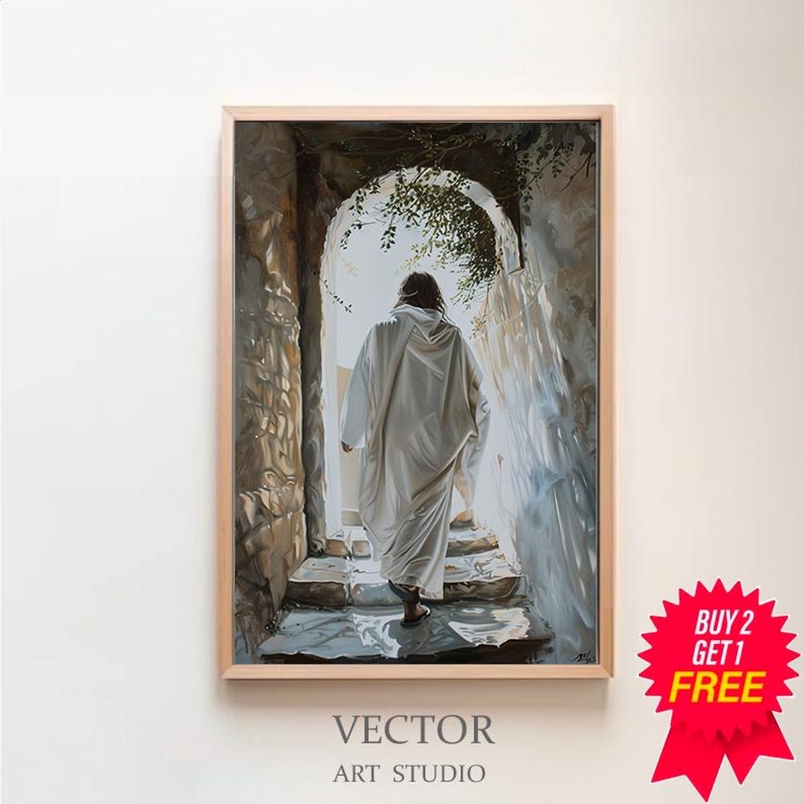 Jesus Walking Up Stone Steps Through Archway Into Tomb Light Poster