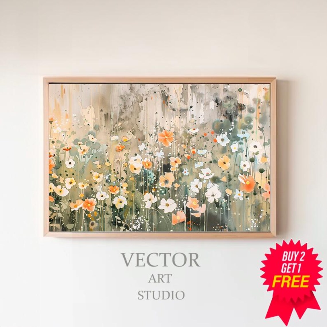 Dreamy Soft Orange and White Wildflowers Watercolor Floral Poster