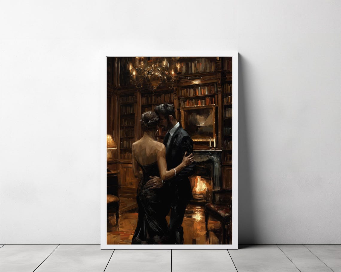Lovers In Library Art Painting Couple Art Dark Academia Print Dark Oil Painting Gothic Decor For Book Lovers Moody Wall Art - Image 3