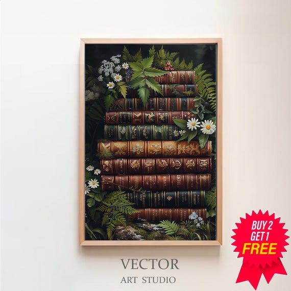 Pile Of Books With Fern Dark Forest Cottagecore Academia Gothic Floral Botanical Wall Art Decor Moody Victorian Oil Painting Art
