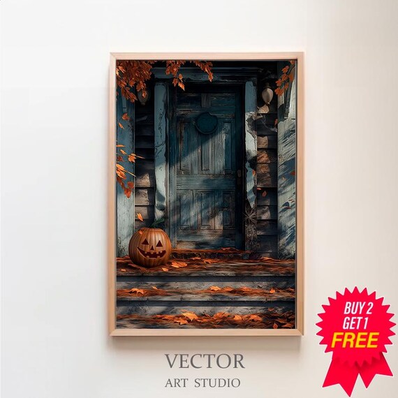 Creepy Blue Wooden Door with Big Jack-O-Lantern Fall Pumpkin Poster