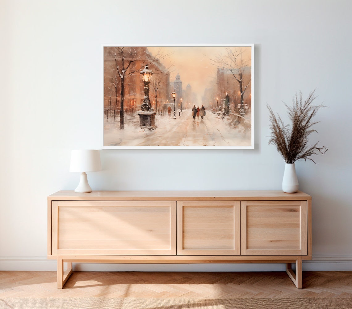 Snowy Winter City Street With Glowing Gas Lamps at Sunset Poster - Image 2
