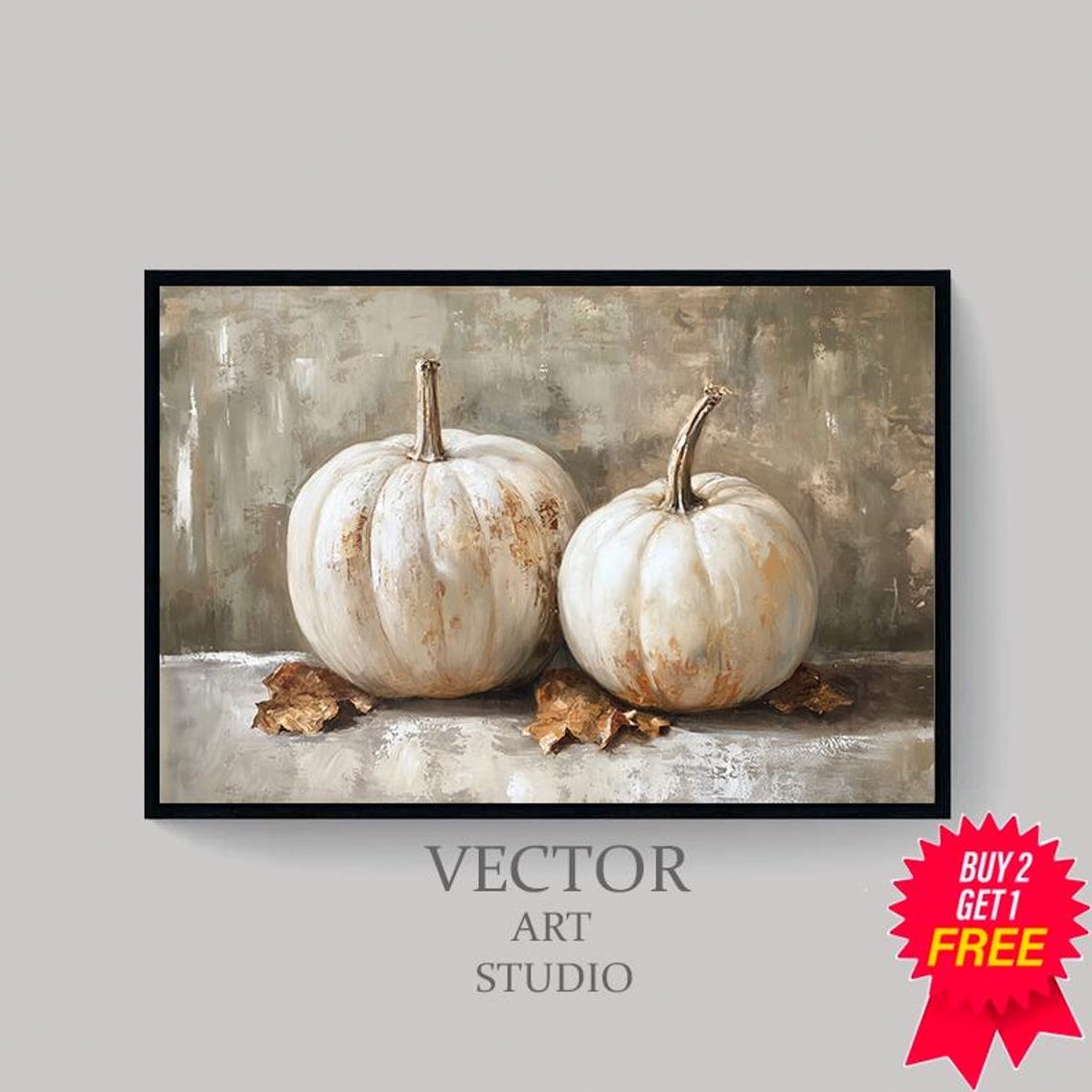 Two White Pumpkins with Autumn Leaves Farmhouse Fall Still Life Poster - Image 4
