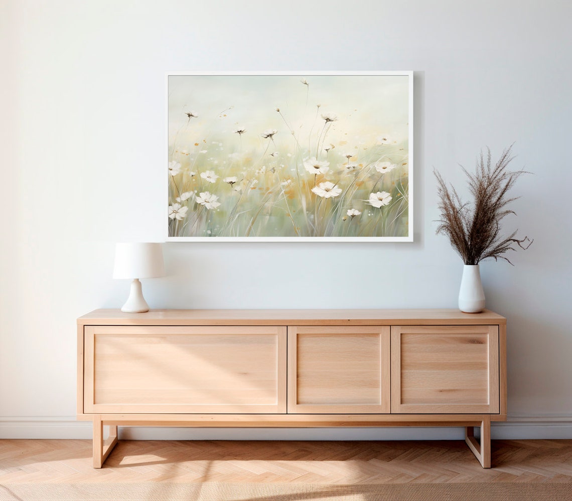 White Wildflowers in a Misty Green Meadow Soft Botanical Poster - Image 2