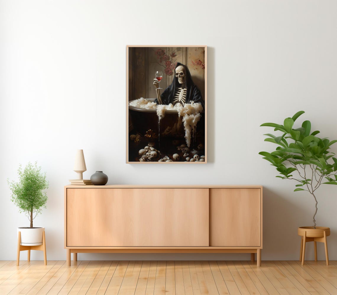 Grim Reaper In Bubble Bath Wine Surrounded By Skulls Gothic Poster - Image 2