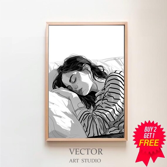 Black and White Sketch of a Sleeping Woman in Stripes Poster