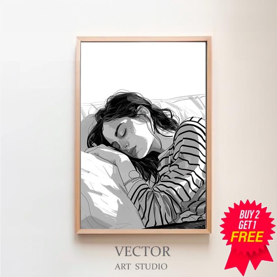 Black and White Sketch of a Sleeping Woman in Stripes Poster