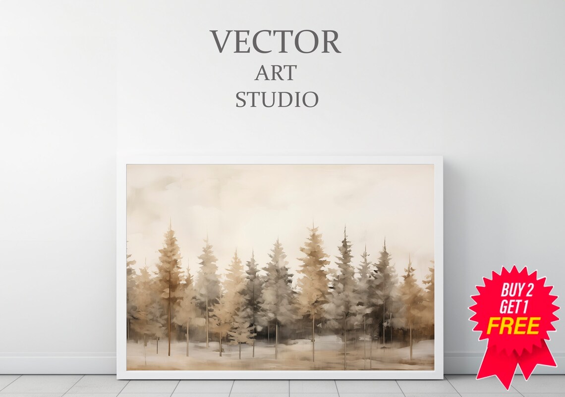 Misty Pine Forest in Soft Gray Beige Watercolor Landscape Poster - Image 3