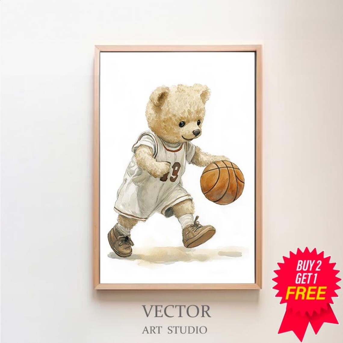 Teddy Bear in Number 9 Jersey Dribbling a Basketball Watercolor Poster
