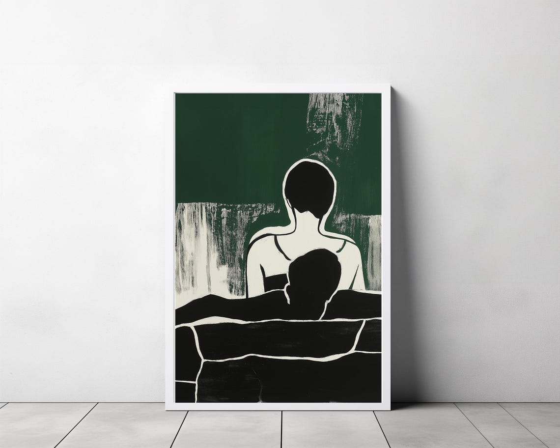 Abstract Black Silhouette Couple Reclining on Emerald Green Poster - Image 3