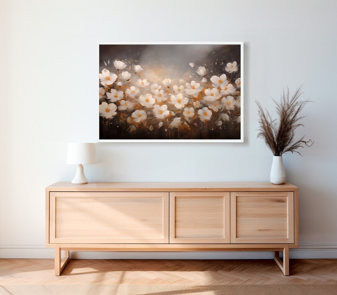 White Wildflower Meadow on Dark Moody Background Botanical Art Poster - Image 2