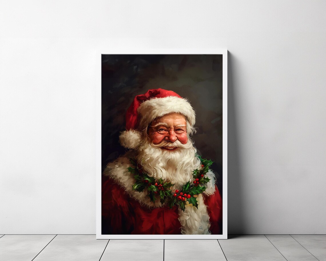 Classic Santa Claus Portrait with Holly Christmas Painting Poster - Image 3
