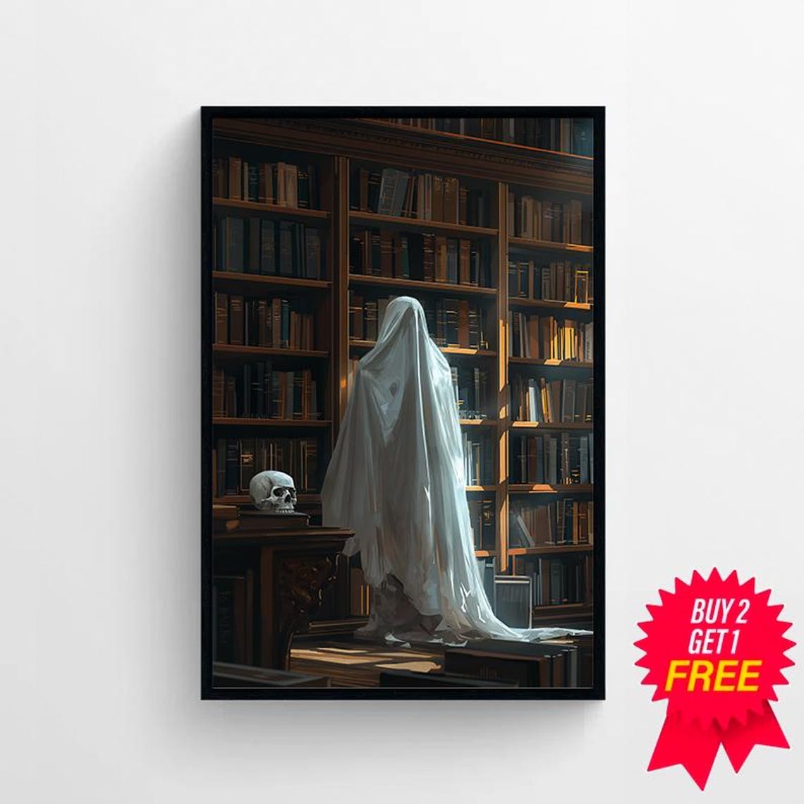 Ghost Browsing Dark Library Bookshelves With Skull Dark Art Poster - Image 4