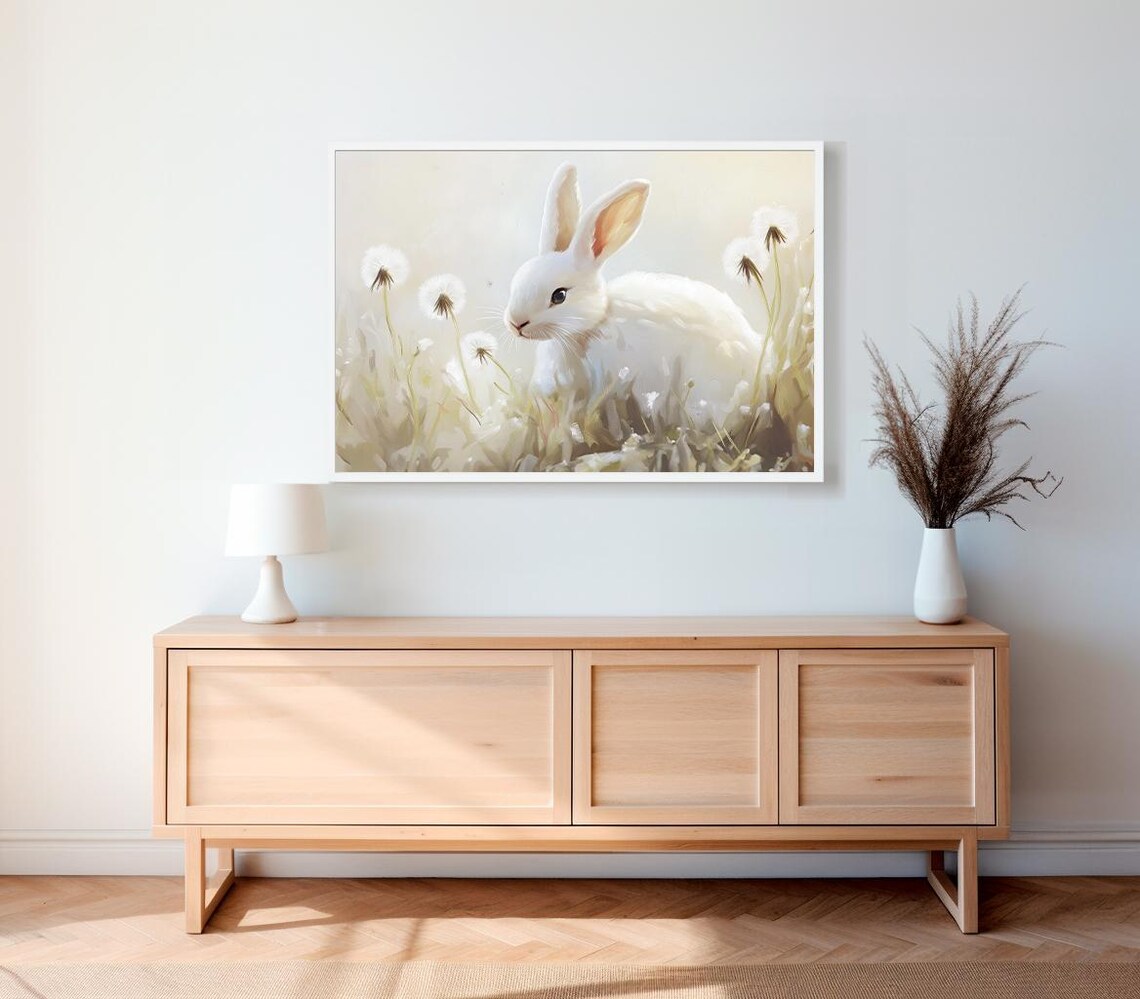 White Rabbit Resting Among Dandelions in a Pale Dreamy Meadow Art Poster - Image 3
