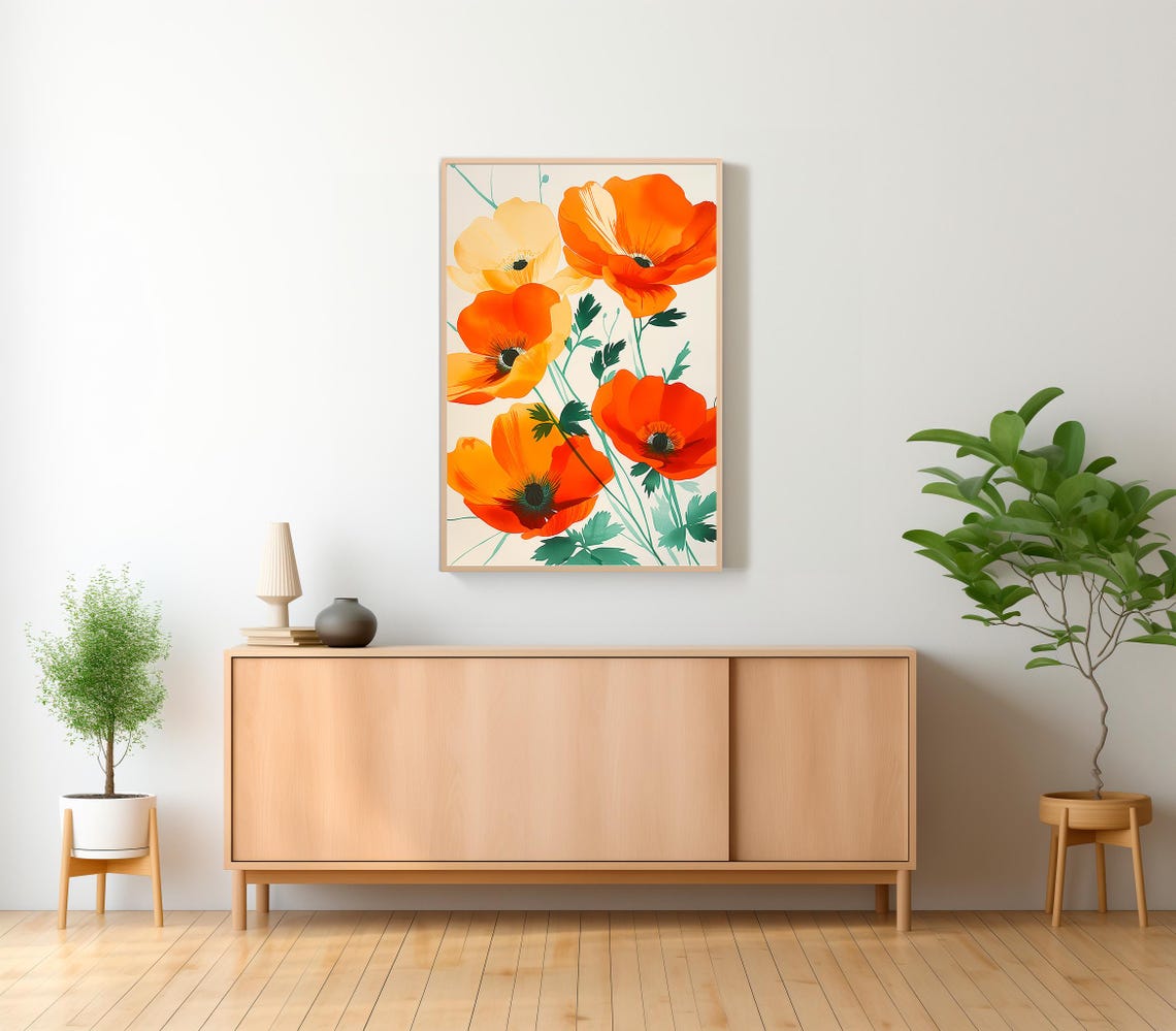 Orange Poppy Blossoms on Cream Modern Botanical Style Poster - Image 2