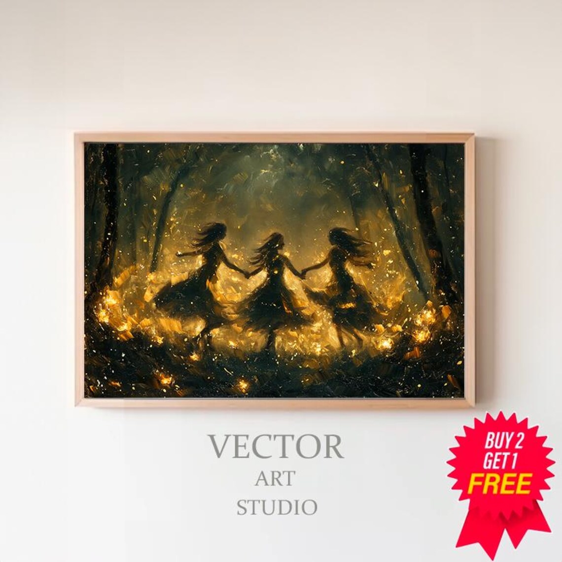 Golden Forest Dancing Fairies in Ember Glow Night Scene Poster