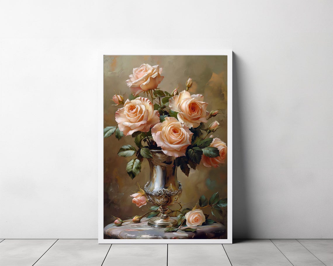 Peach Roses in Silver Vase Vintage Still Life Floral Fine Art Poster - Image 3