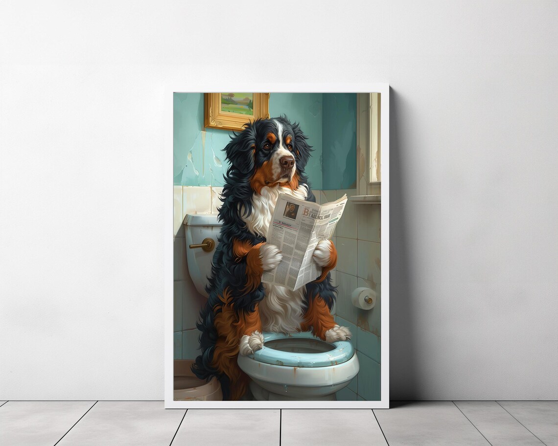 Funny Bernese Mountain Dog Reading Paper in the Bathroom Poster - Image 3