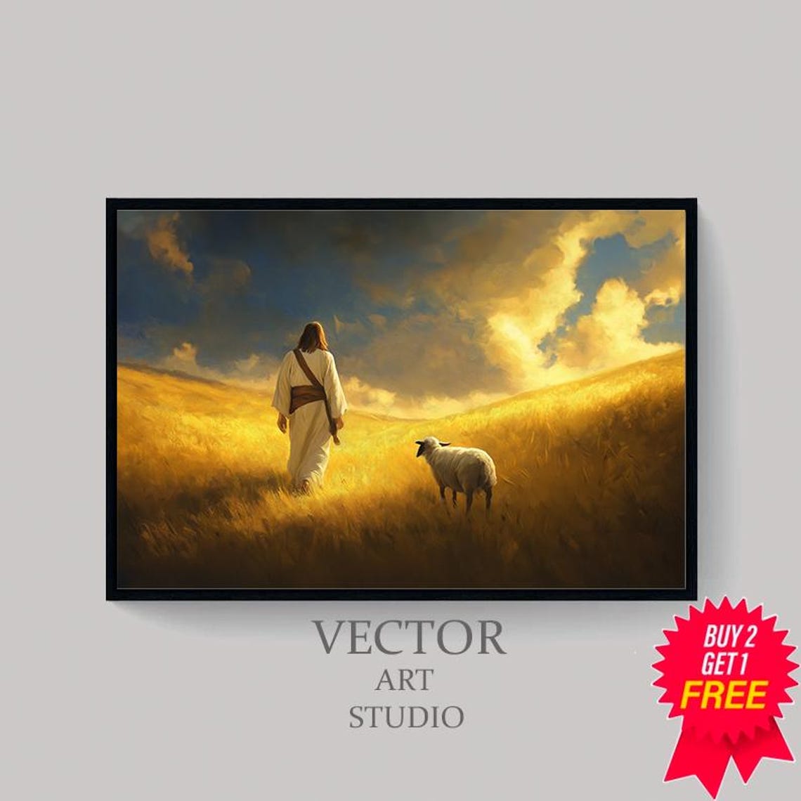 Jesus Walking with a Sheep Through Golden Wheat Field Poster - Image 4