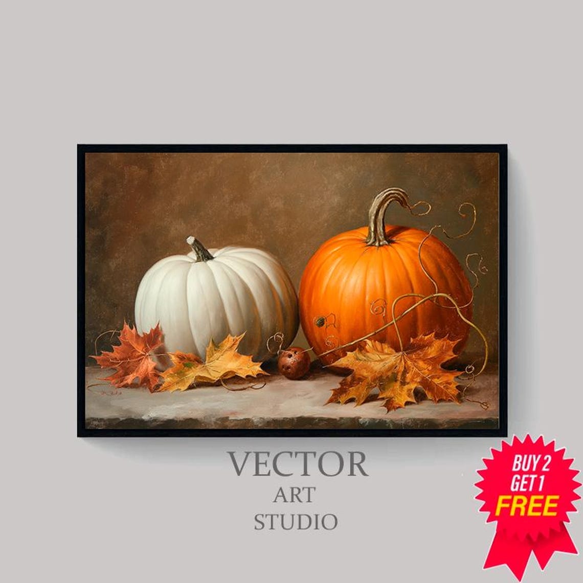 White And Orange Pumpkin With Curly Vines And Leaves Fall Poster - Image 4