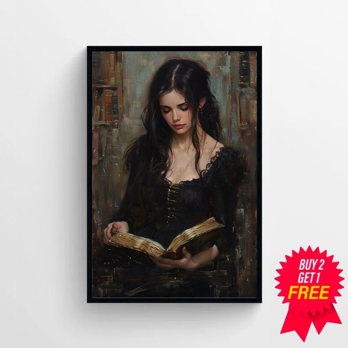 Woman Reading in Old Library Vintage Dark Academia Oil Art Print - Image 4
