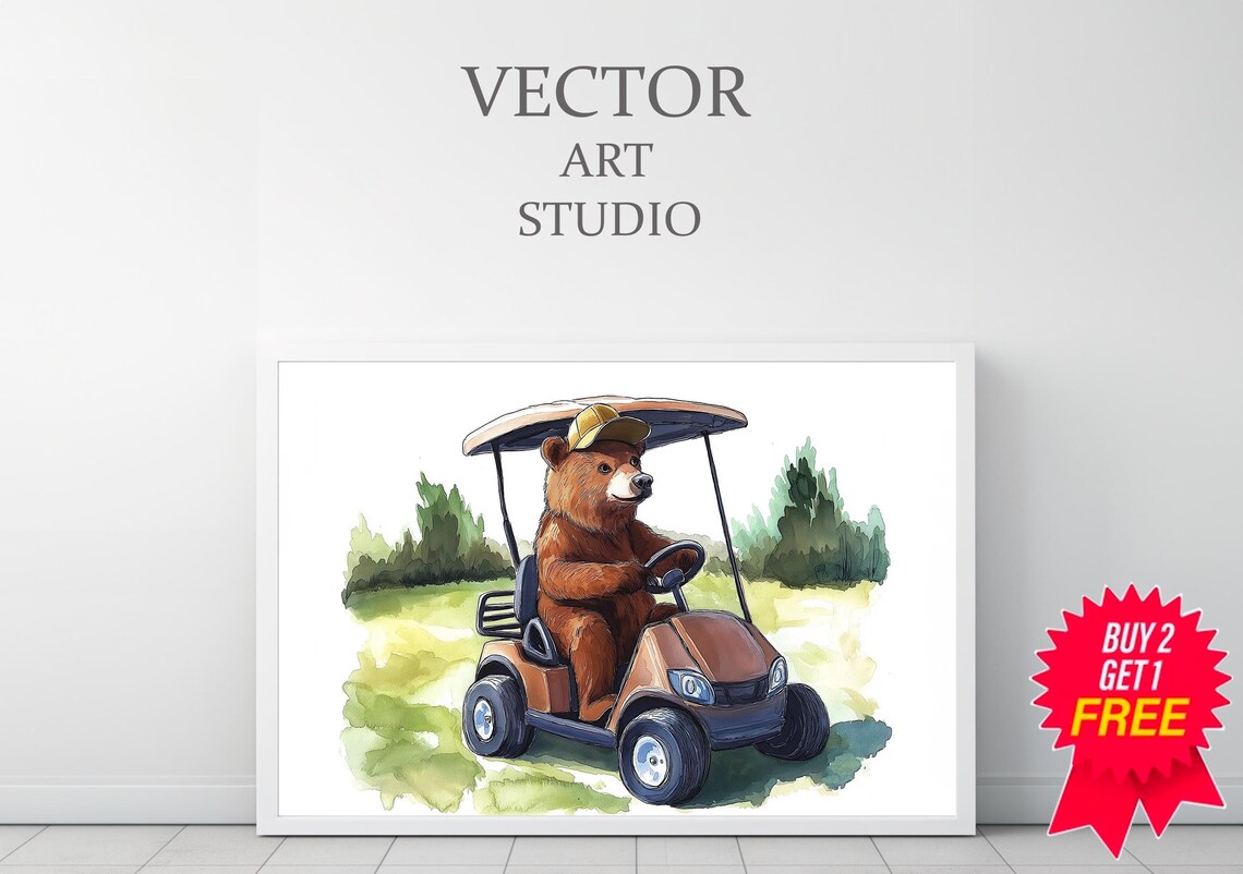 Brown Bear Driving Golf Cart Watercolor Nursery Golf Decor Poster - Image 3