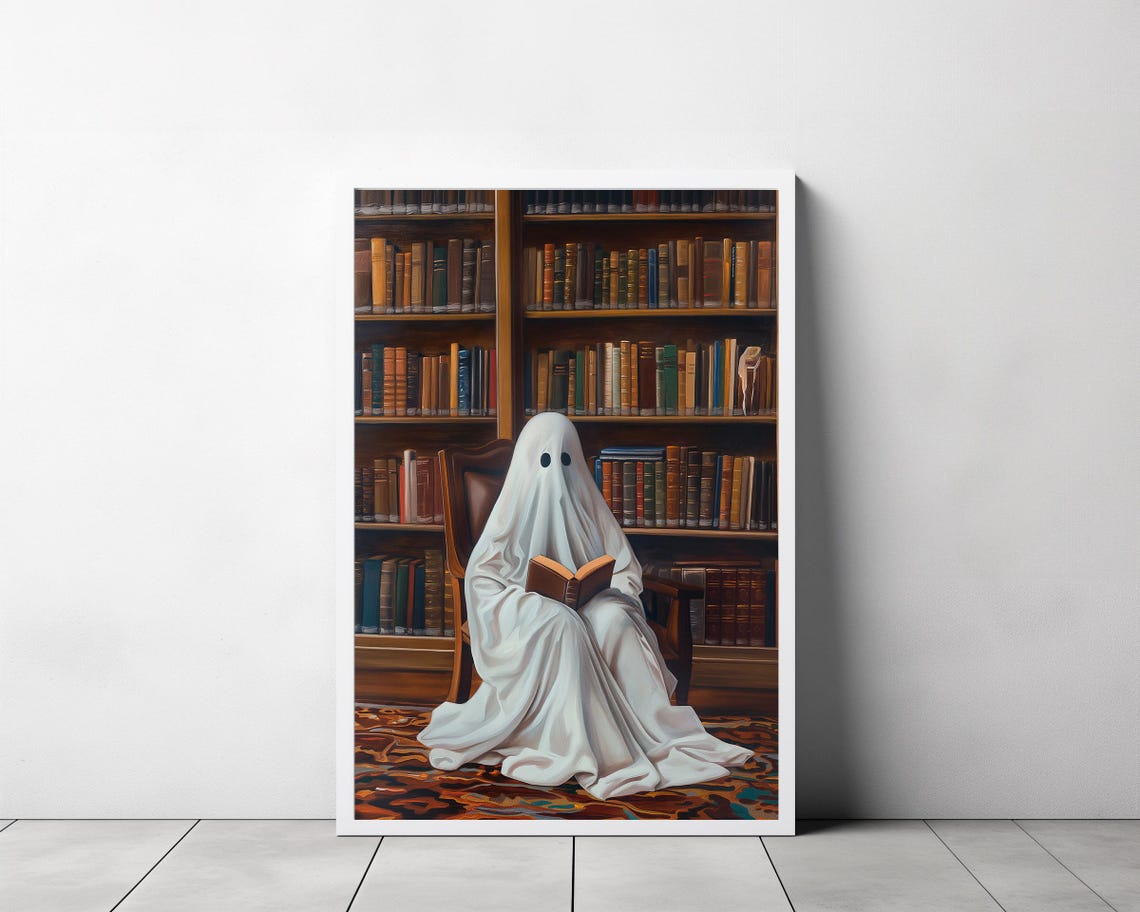 Sweet Ghost Reading In Leather Chair In Warm Vintage Library Poster - Image 3