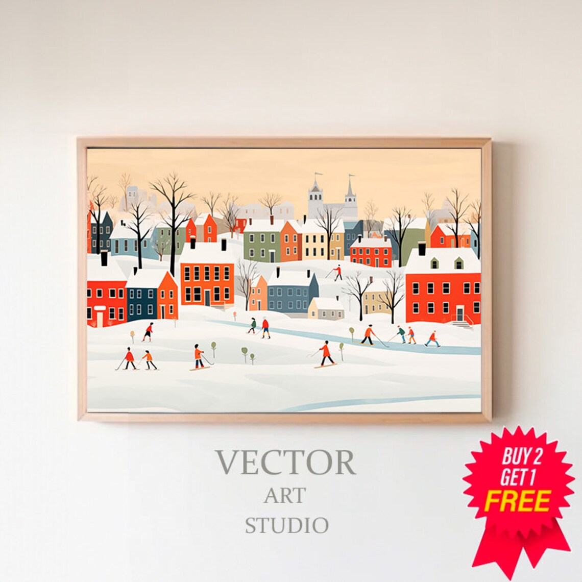 Modern Snowy Town Cross Country Skiers Flat Illustration Winter Poster