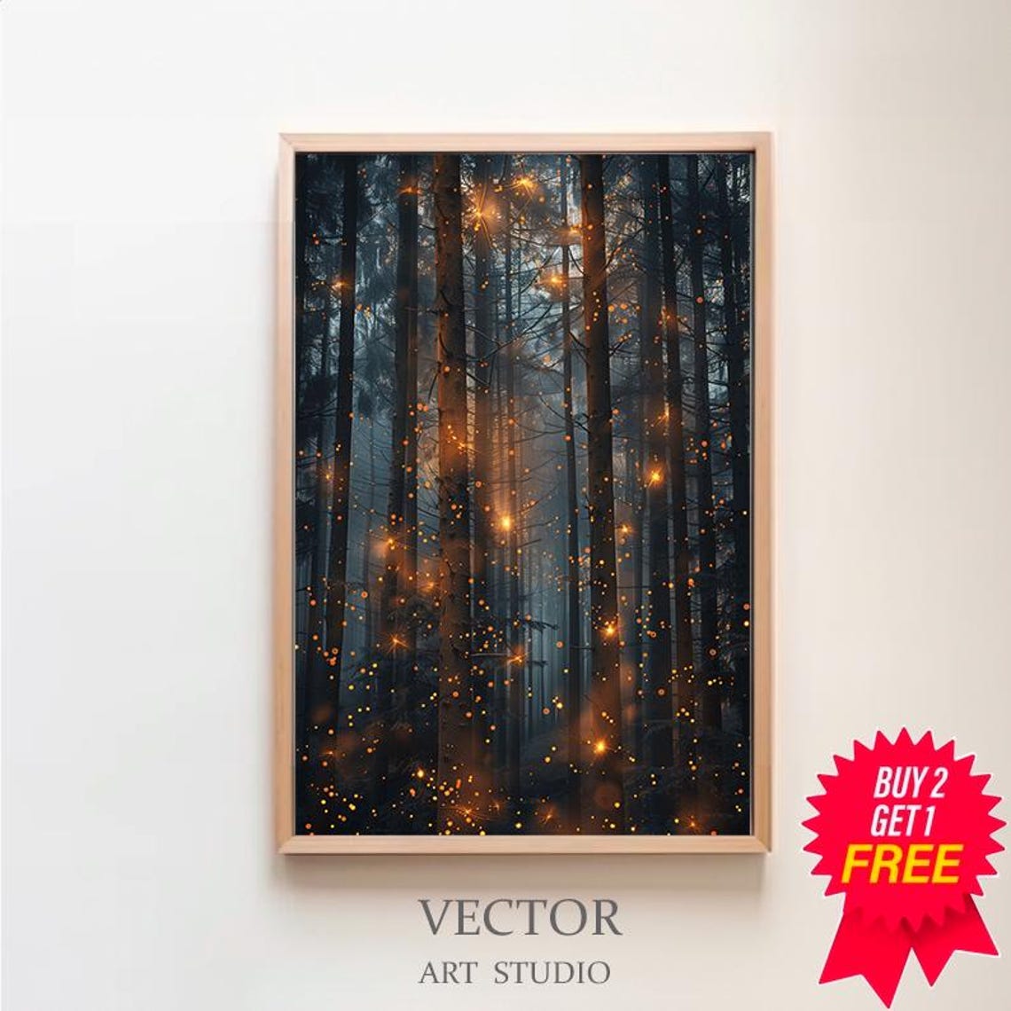 Magic Forest Wall Art Fantasy Painting Fireflies Poster Lightning Bug Electric Forest