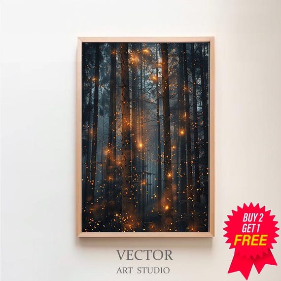 Magic Forest Wall Art Fantasy Painting Fireflies Poster Lightning Bug Electric Forest