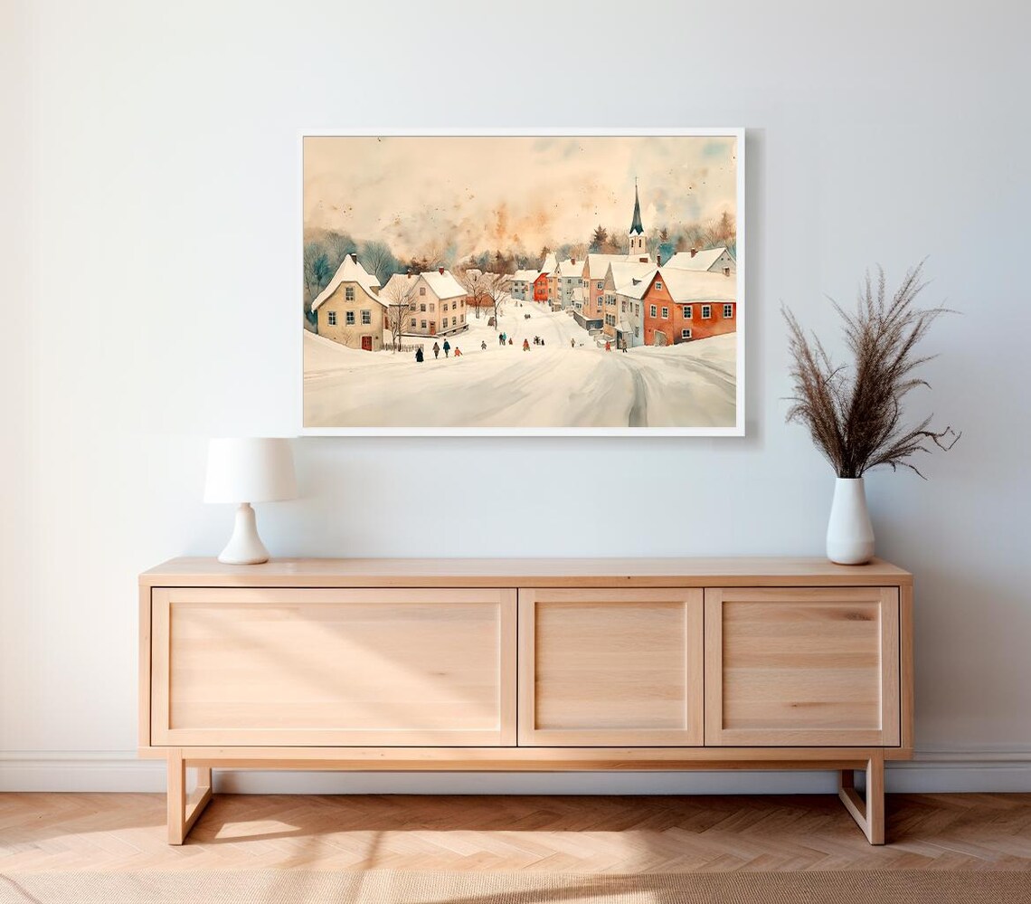Snowy Winter Village With Church Watercolor Christmas Scene Poster - Image 2