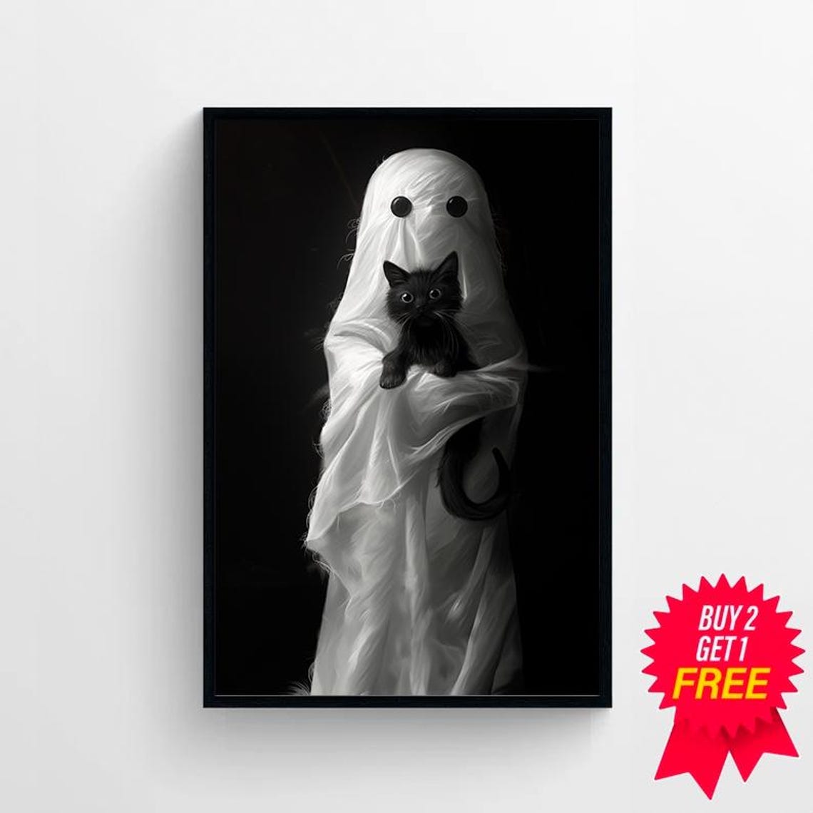 Ghost Holding A Black Kitten On Black Background Halloween Poster - Image 4