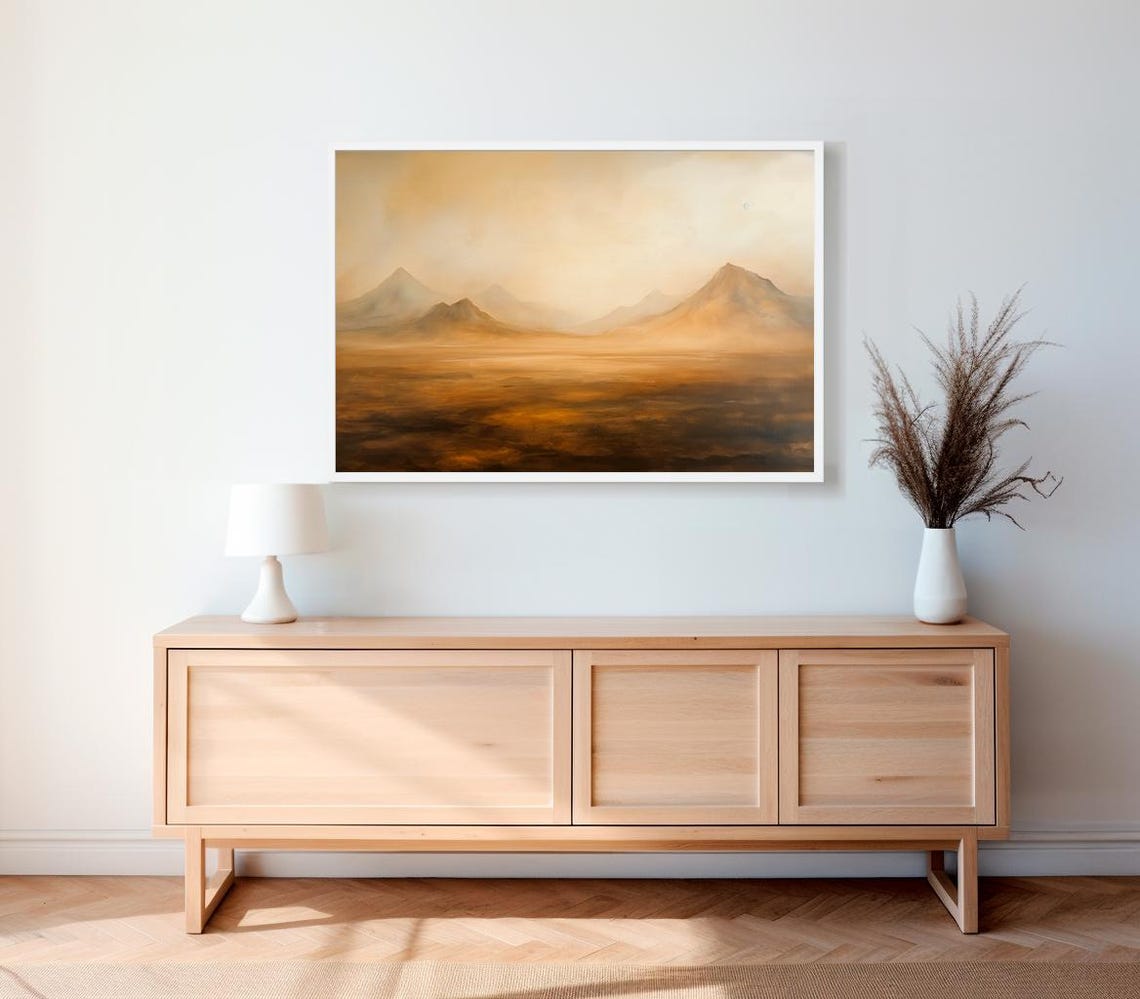 Misty Mountains Over Amber Desert Minimalist Moody Landscape Poster - Image 2