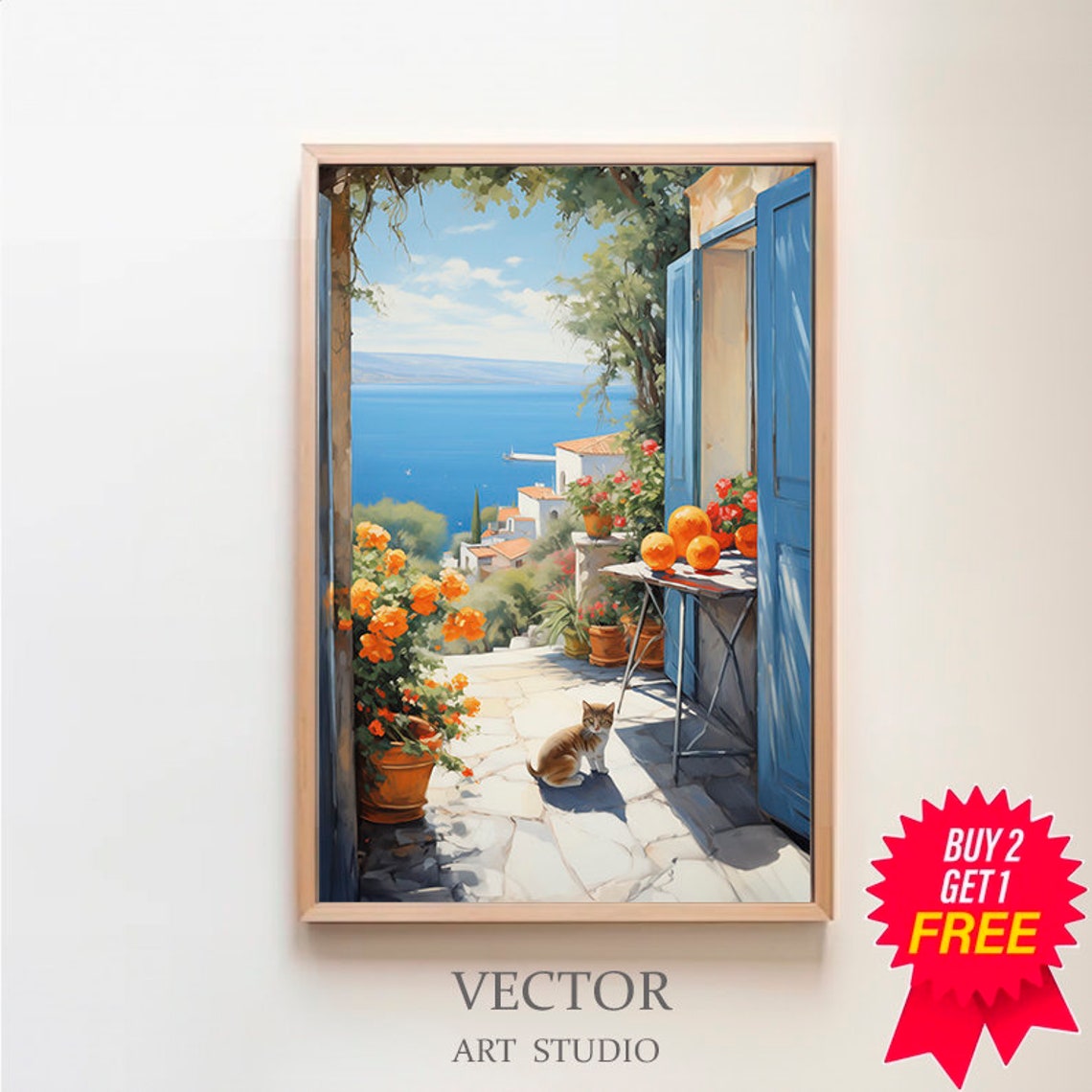 Amalfi Coast Terrace Blue Doors Mediterranean Sea View Travel Poster