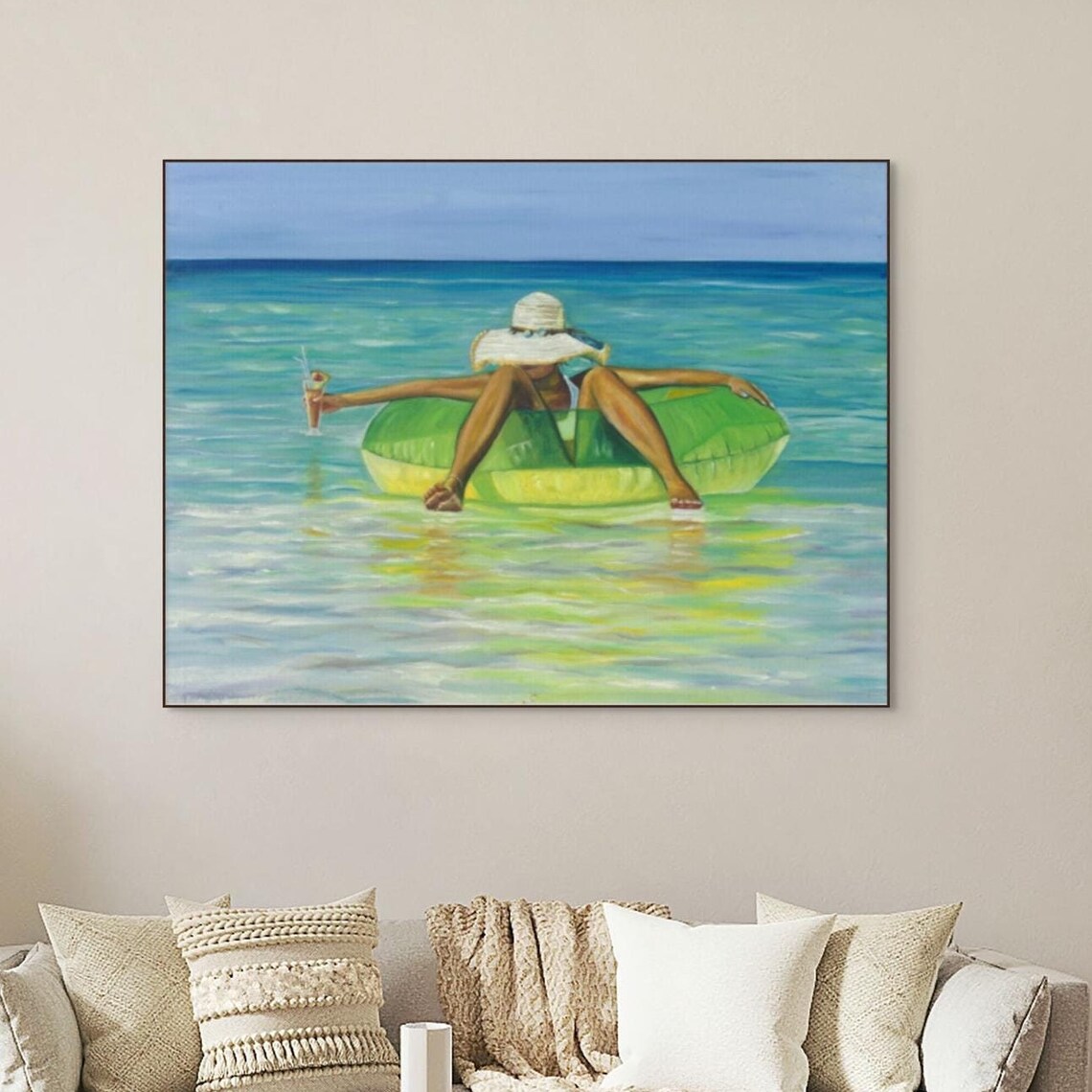Woman Floating Green Inflatable Ring Turquoise Ocean Summer Poster
