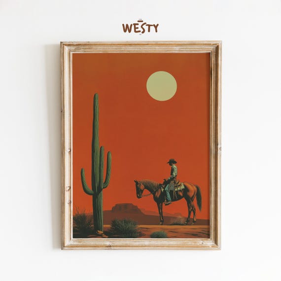Cowboy Under Desert Moon Western Minimalist Wall Art Rustic Print