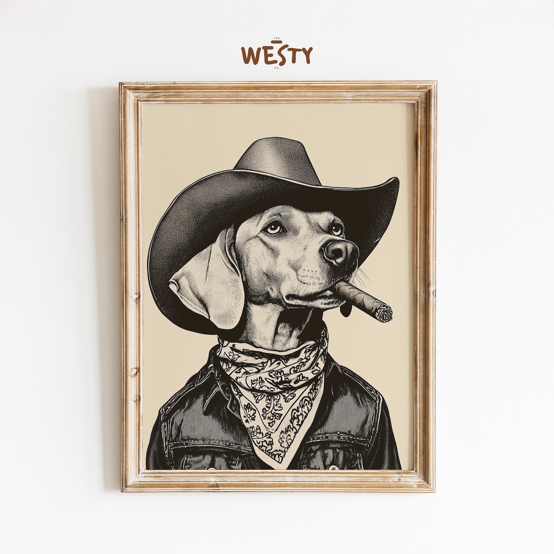 Cowboy Dog in Hat Smoking Cigar Vintage Western Pet Art Poster