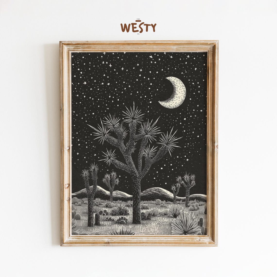 Joshua Tree Starry Night Crescent Moon Desert Etching Poster