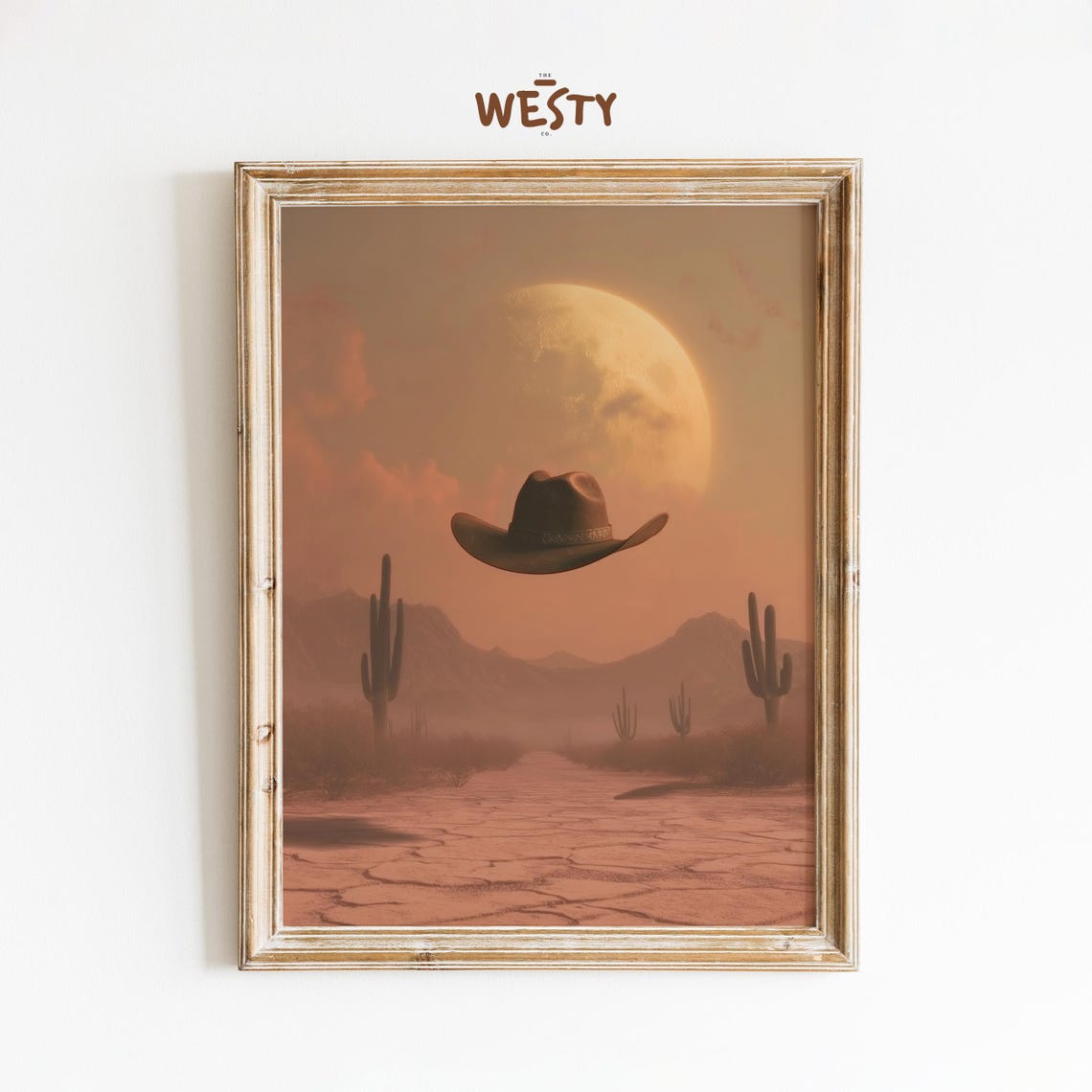 Floating Cowboy Hat Surreal Western Desert Sunset Moon Poster