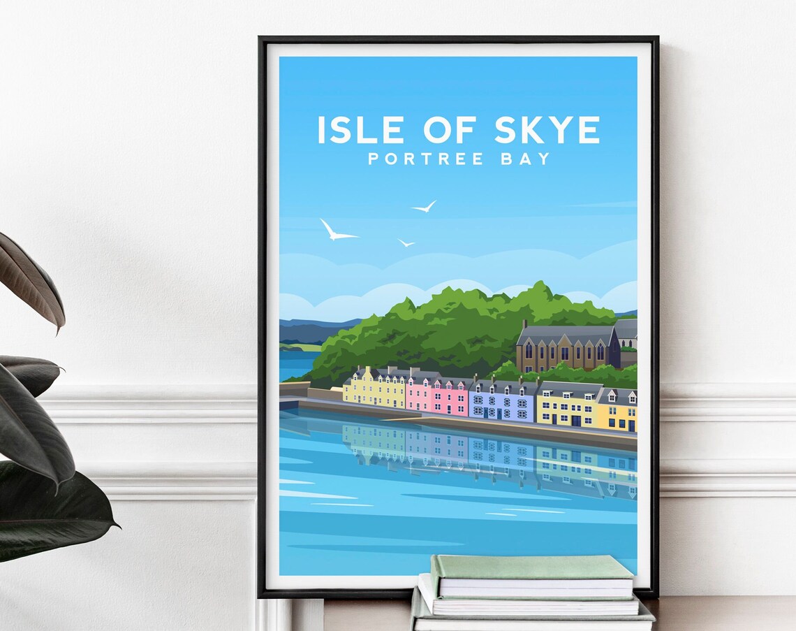 Isle Of Skye Art Print Scotland Travel Poster Portree Bay Scottish Isle Illustration Isle Of Skye Wall Decor Scotland Wall Art