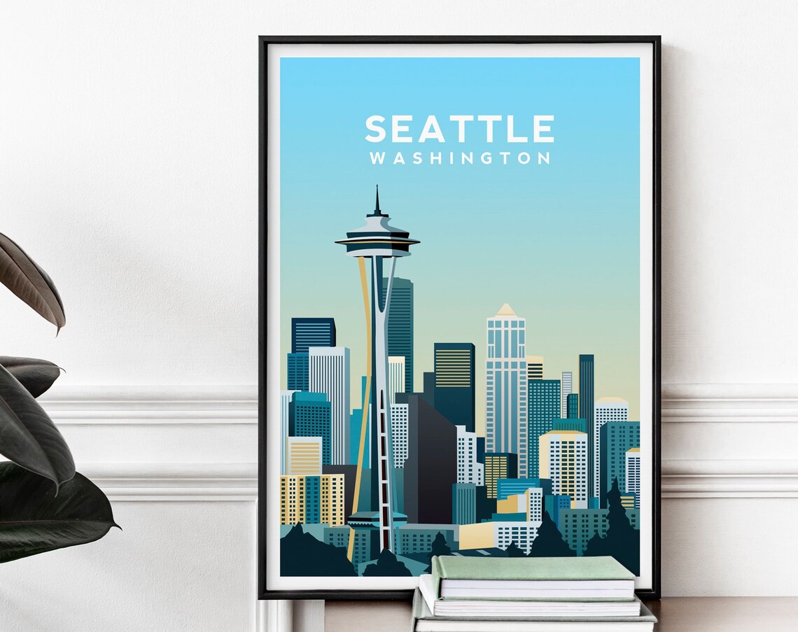 Seattle Space Needle Daytime City Skyline Washington Travel Poster