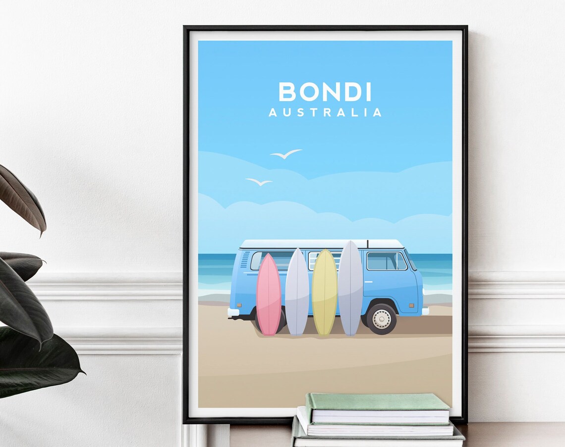 Bondi Beach Australia Travel Poster, Coastal Wall Art