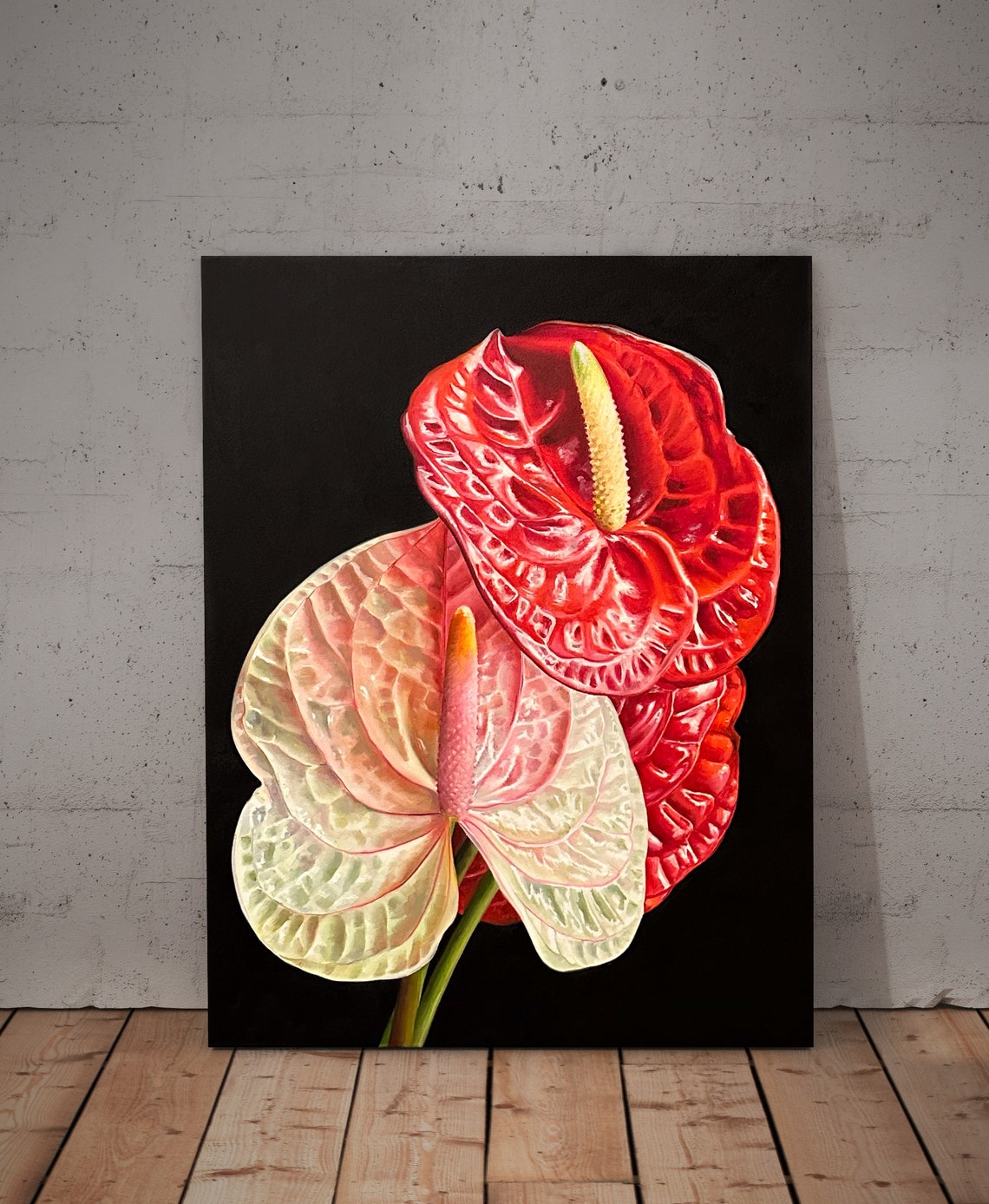 Red Pink Anthurium Tropical Flowers Black Ground Oil Wall Art
