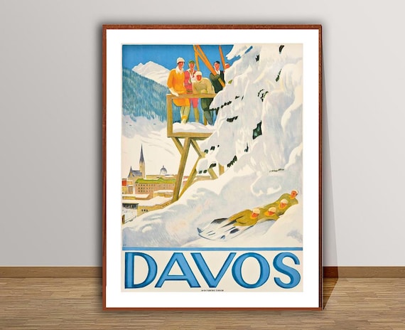 Davos Switzerland Vintage Winter Sports Ski Bobsled Travel Poster