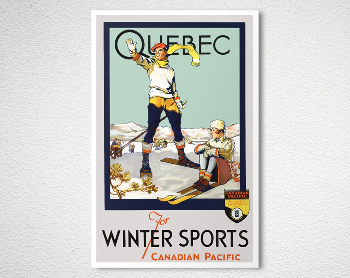 Québec Winter Sports Canadian Pacific Château Frontenac Skiers Poster - Image 2