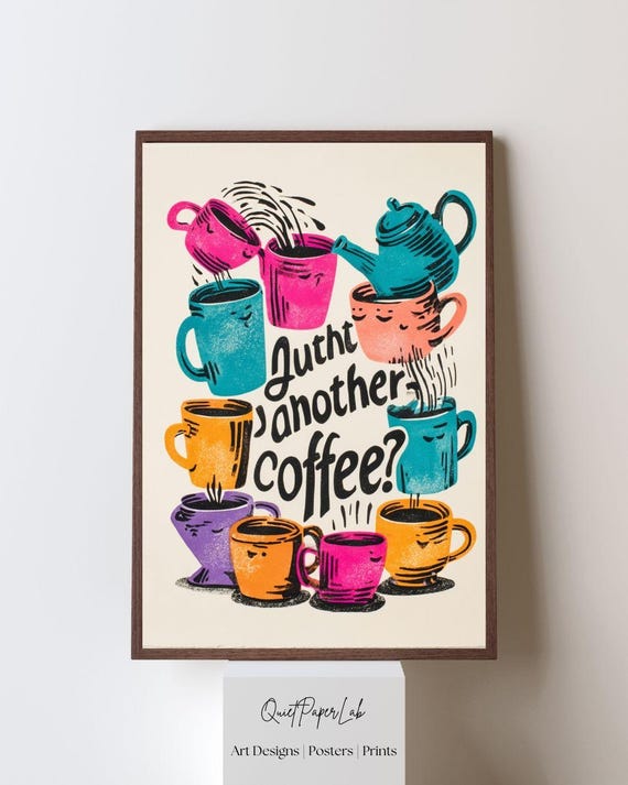 Coffee Cups Print Pop Riso Style Kitchen Wall Art Retro Cafe Decor Poster Unframed